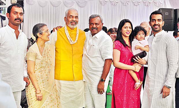 A Manju with his family members after taking oath at Raj Bhavan on Thursday (Photo: Satish B.) A Manju with his family members after taking oath at Raj Bhavan on Thursday (Photo: Satish B.)